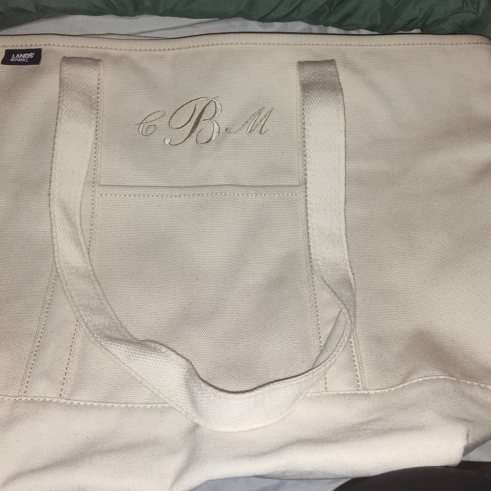Lands' End Cream Tote Bag L.B.M Monogram